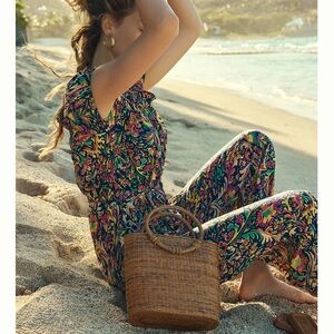 Anthropologie Blue and Green Floral Jumpsuit with Wide-Leg Design